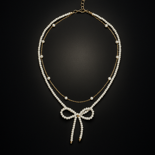 Chic Two-Line Bow Layered Necklace for Women | Gold Plated with Pearl Accents