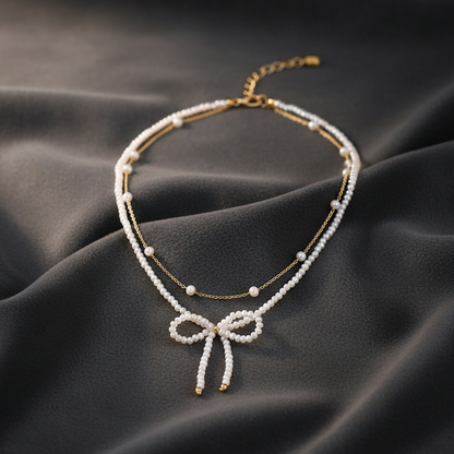 Chic Two-Line Bow Layered Necklace for Women | Gold Plated with Pearl Accents