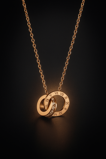 EternaLink™ Dual Ring Pendant Necklace | Roman Numerals & CZ Stones