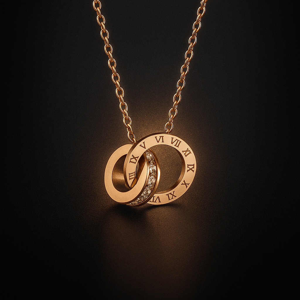 EternaLink™ Dual Ring Pendant Necklace | Roman Numerals & CZ Stones