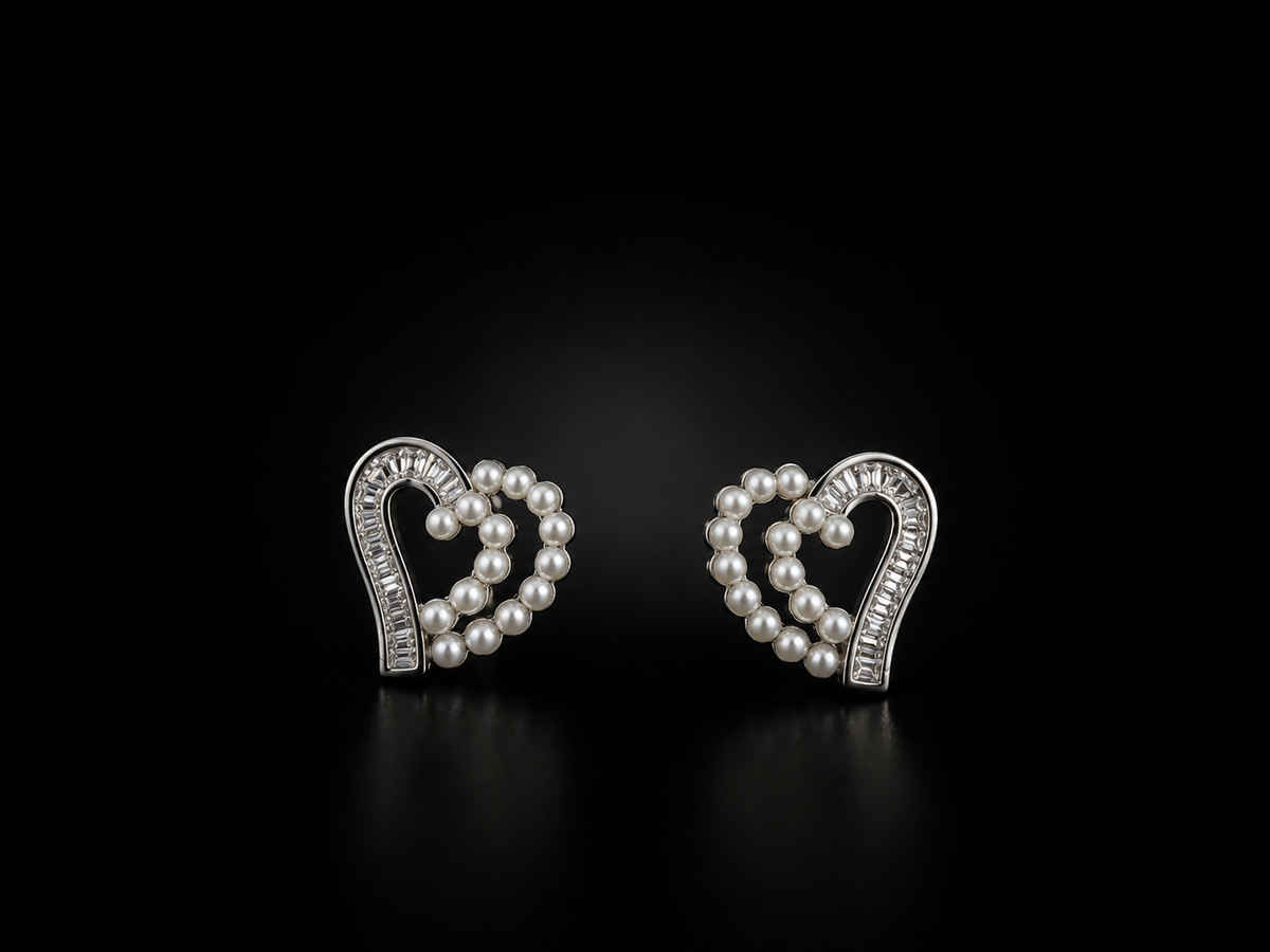 Pearl Heart Embrace | Premium American Diamond Pearl Heart Stud Earrings